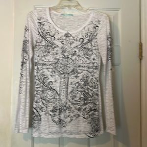 Long sleeve scoop neck white and black bling top